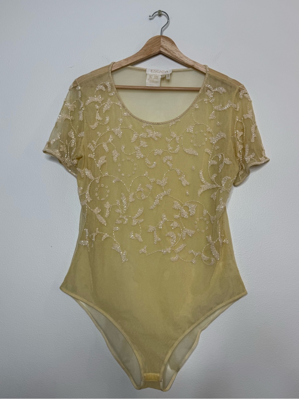 Vintage Escada Sheer Beaded Bodysuit size large in butter cream yellow